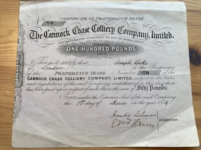 £10.50 • Buy 1859 Share Certificate - Cannock Chase Colliery Company To Joseph Locke