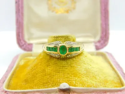 9ct Yellow Gold Baguette Cut Colombian Emerald & Diamond Band Ring Vintage • £195