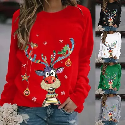 Christmas Womens Jumper Loose Blouse Ladies Sweatshirt Knitted Long Sleeve Tops • $32.40