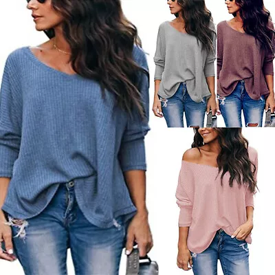 V Neck Bardot Tops Chunky Oversized Knit Jumper Off The Shoulder Women • £13.80