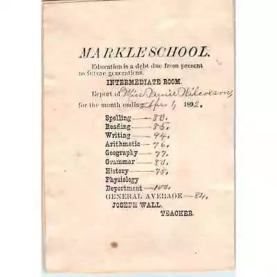 1892 Markle Indiana School Report Card Teacher Joseph Wall Verna Wilcoxson SF2 • $57