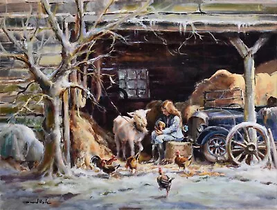 DAVID HYDE-VT Realist-Original Signed Oil-Barn Scene-Girl With Farm Animals • $599