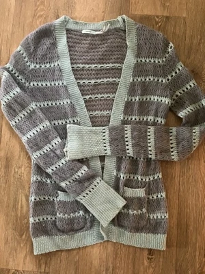 £5.50 • Buy Kimchi Light Knit Mint And Grey Open Cotton Mix Wrap Over Cardigan