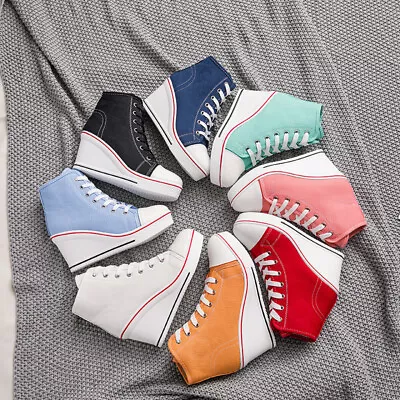 $22.49 • Buy High Top Canvas Shoes Wedges Heel Lace-up Orange Women Plus Size Sneakers 35-43