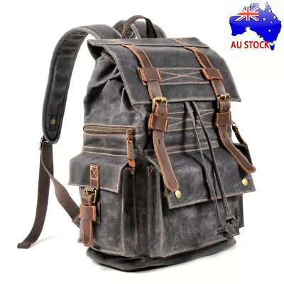 Vintage Canvas Backpack Laptop Bag Oil Wax Leather Mens Travel Hiking Rucksack • $23.79