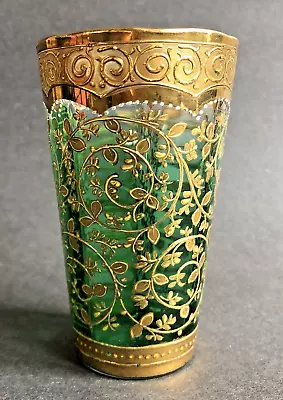 Moser Bohemia-LOVELY ART GLASS GRADUATED GREEN-GOLD ENCRUSTED TUMBLER~19C Unuse! • $149