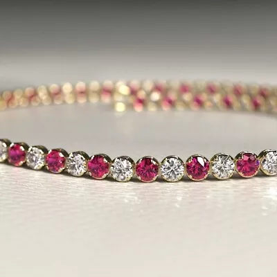 Round Cut Lab Created Ruby Diamond Women Tennis Bracelet 14K Yellow Gold Plated • $155.99