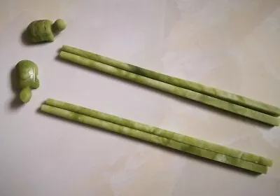 2 Pair Nephrite Spinach Natural Jade Vintage Chinese Chopsticks+bracket • $26.99