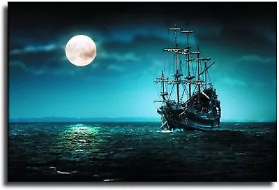 Pirate Ship And Moon On Blue Sea Poster Home Decorative Painting Canvas Wall Art • $14.90