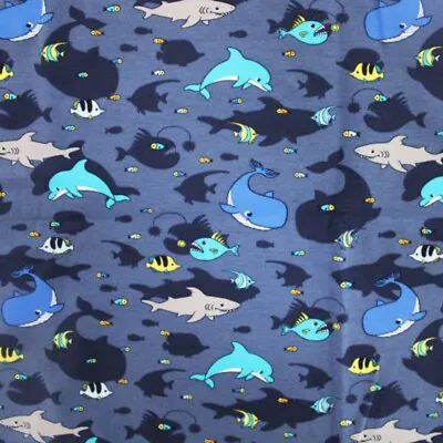 Digitally Printed Cotton Jersey Fabric Sea Life Shadows Shark Whale Dolphin Fish • £8