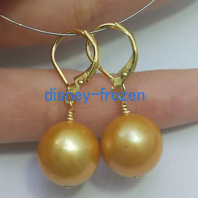 Huge 12-13 Mm Real Natural South Sea Golden Pearl Earrings 14K YELLOW GOLD • £42.27