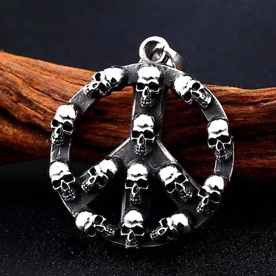 Silver Skull Peace Sign Symbol Pendant Necklace Mens Punk Jewelry Chain 24  Gift • $11.99