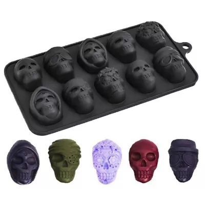 10 Skulls Halloween 3D Ice Jelly Cube Mold Maker Silicone Tray Chocolate Mould • £3.49