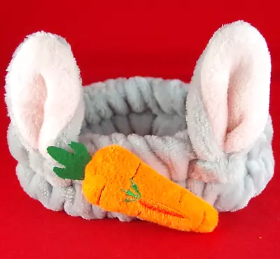 Super Soft! NWT EASTER BUNNY RABBIT EARS W/ CARROT GRAY PLUSH STRETCH HEAD BAND • £9.64