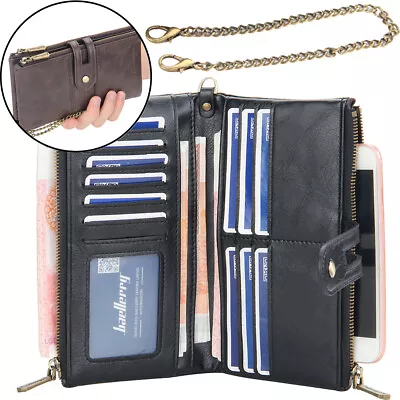 Men Wallet With Anti-Theft Chain RFID Blocking Leather Purse Zipper Phone Holder • $11.99