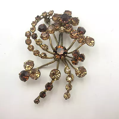 Vintage Atomic Sputnik Starburst Crystal Brooch Brown Yellow Gold Pin Austria • $24.99