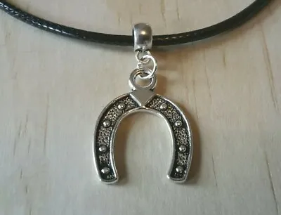 Lucky Horse Shoe Leather Necklace 17 Inch Mens Womens Tibetan Silver Pendant • $4.62