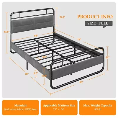 Metal Platform Bed With Velvet Upholstered Headboard And 8.7'' Under-bed Space • $94.99
