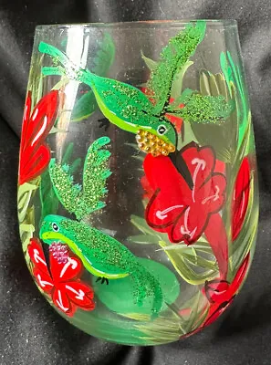 NEW & BOXED Lolita Stemless Hand Painted Hummingbird Wine Cocktail Glass IN VGC • £9.99