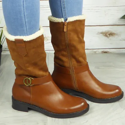 Womens Mid Calf Boots Ladies Winter Lined Zip Warm Fleece Shoes Comfy Shoes Size • £11.99