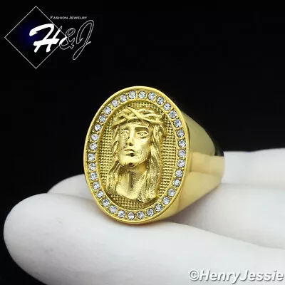 MEN Stainless Steel Icy Bling CZ Silver/Gold Plated Jesus Face Oval Ring*R148 • $19.99