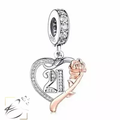 💖 21st Birthday Charm Rose Heart CZ Genuine 925 Sterling Silver  Bead • £16.95