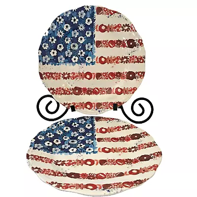 Pier One Melamine Floral Flag 11  Plates Set Of 2 USA Patriotic July Picnic BBQ • $25.35