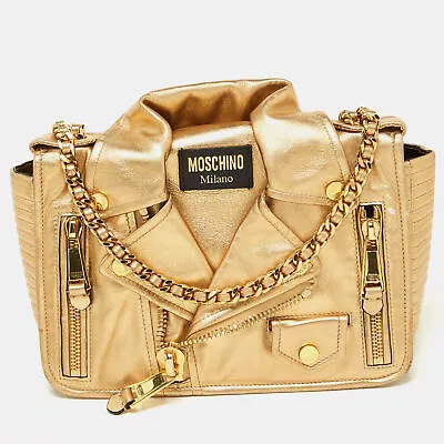 Moschino Gold Leather Large Capsule Biker Jacket Shoulder Bag • $344.40