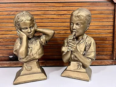 $16 • Buy Vintage Esco Product Signed  E.Villanis  Gold Music Lesson Boy & Girl Busts 50's