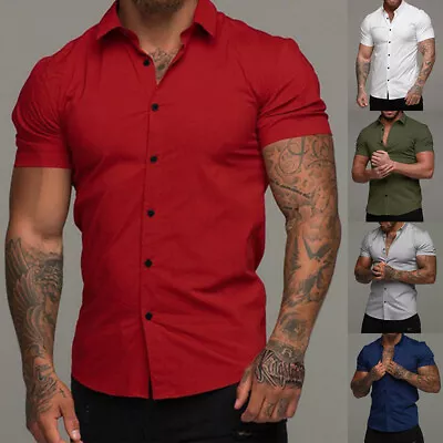 Men's Muscle Dress Shirt Slim Fit Stretch Short Sleeve Casual Button Down Shirts • $18.04