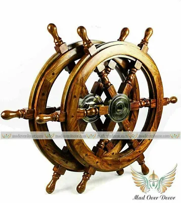 £96.12 • Buy Set Of 2 Brass 24  Nautical Brown Wooden Ship Wheel Vintage Captain Pirate Décor