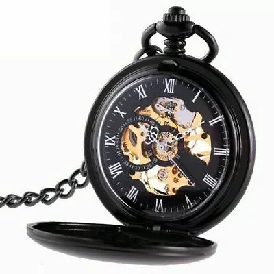 Half Wind Mechanical Pocket Watch Half Hunter Steampunk Steel Pendant With Chain • £16.98