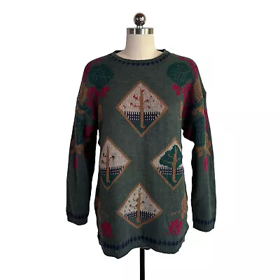 Vintage 90s Tree Motif Sweater M Cottagecore Holiday Grunge Winter Nature Vtg • $32