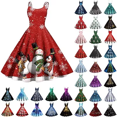 Women Christmas Xmas Sleeveless A-line Pleated High Waist Party Dress Santas • $30.98