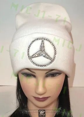 Mercedes Benz Bling 3D Logo Beanie Hat Folded W Swarovski Crystals White • $59.99