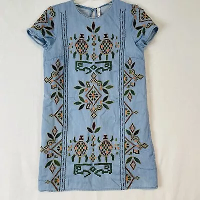 ZARA TRF Reflection Embroidered Denim Mini Dress Blue Size XS • $16