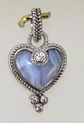 Judith Ripka Sterling Silver Blue Lace Agate & CZ Hearts Shaped Pendant/Enhancer • $12