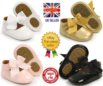 Newborn Baby Girl Princess Glossy Non Slip Shoes Soft Sole Cute Bow Decoration • £7.25