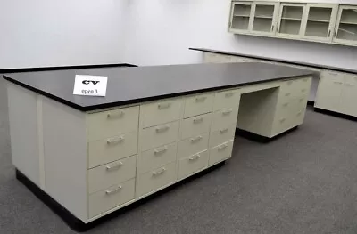 13' X 4' Laboratory Island Cabinet Group  W/ Black Tops & Desk Area E1-03 • $9750