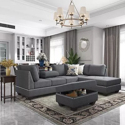 L-shape Livingroom Reversible Rivet Ornament Sectional Sofa W/Storage Ottoman • $1134.19