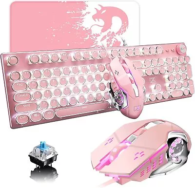 Retro Vintage Mechanical Gaming Keyboard Mouse White LED Backlit Wired Cute  • $55.99