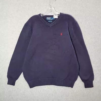 VINTAGE Polo Ralph Lauren Men Sweater Medium Blue Logo Ribbed Hem V Neck • $17.96