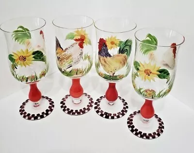 4 SAKURA CHANTICLEER Rooster Sunflower Chicken Glasses GOBLET 12oz Hand Painted • $35.99