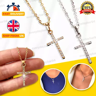 Crystal Cross Pendant Necklace Chain Silver Gold Jewellery Crucifix Men Women • £3.39