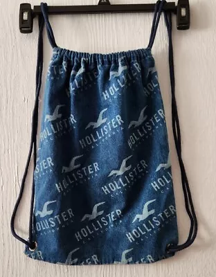 Y2K Style Hollister Bag Drawstring Denim Jean Backpack With Logo • £15.20