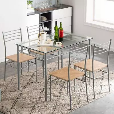 5 Piece Dining Set Glass Table Top And 4 Chairs Kitchen Dinner Room Furniture • $128.89