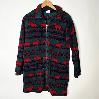 City Scape Fleece Jacket Moose Print Cinch Waist Green Red Women's Size M • $22