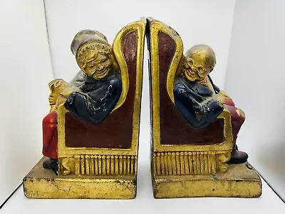 Vtg Armor Bronze Co Bookends Old Man & Woman Chairs “ Lovers” Art Deco Decor • $28