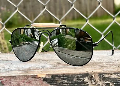Vintage Aviator Sunglasses Black Frame Glass Lenses 1980s Wraparound Sweatbar • $29