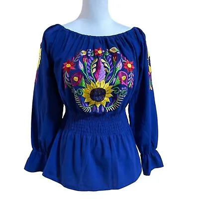 Mexican Royal Blue Embroidered Off-shoulder Women’s Blouse With Cinched Waist. • $21